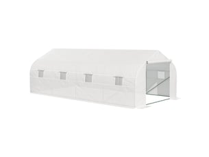 Serre tunnel de jardin 18 m² dim. 5,95l x 3l x 2h m porte + 8 fenêtres enroulables acier galvanisé bâche pe haute densité blanc