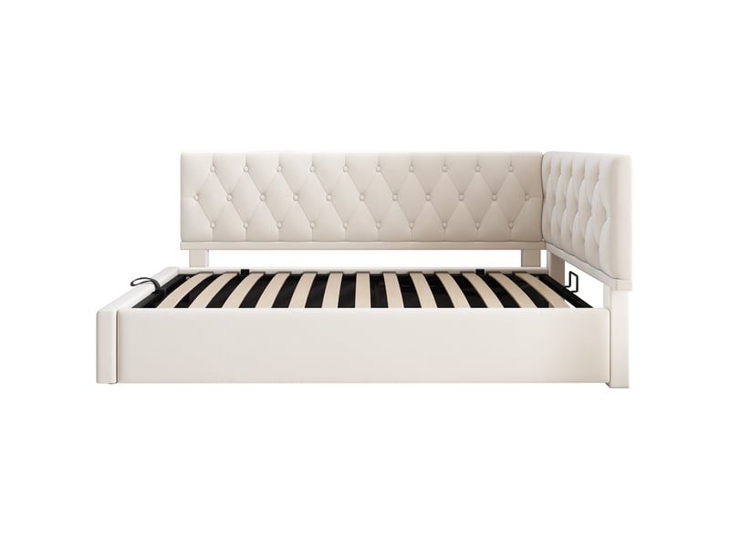  Lit coffre enfant 90x200 cm avec rangement et tête réversible, velours, beige, sans matelas  - Conforama E