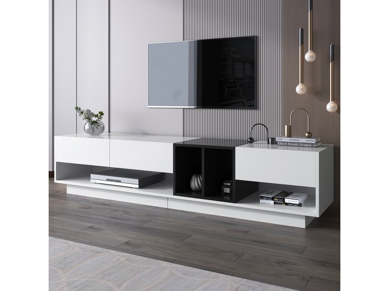  Meuble tv - brillant 190cm - 3 tiroirs - 2 étagères - noir &amp; blanc - 50kg capacité  - Conforama W
