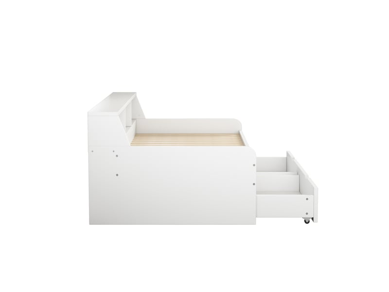  Lit banquette 90x200 cm avec 2 tiroirs et compartiments de rangement - pin massif et mdf blanc  - Conforama D