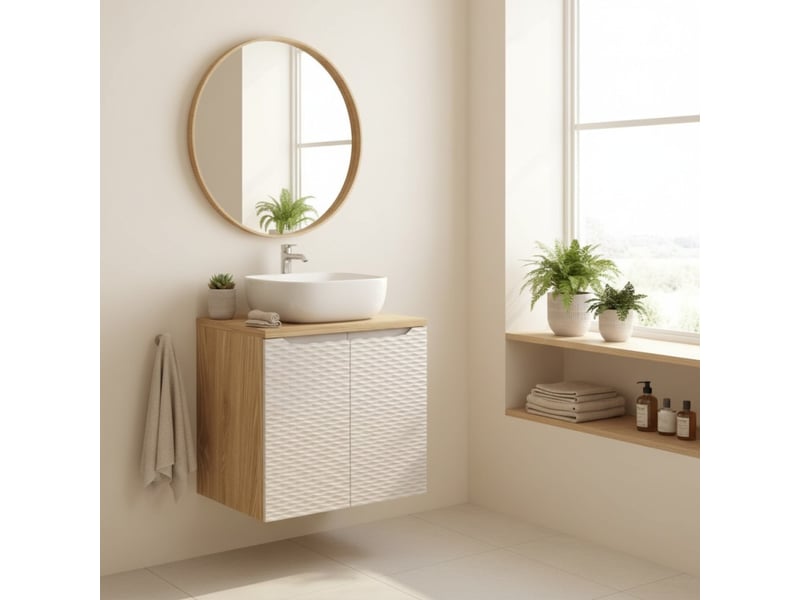  Ensemble de salle de bain yoka beige : meuble sous vasque à placards 60 cm + plan vasque + vasque à poser  - Conforama B