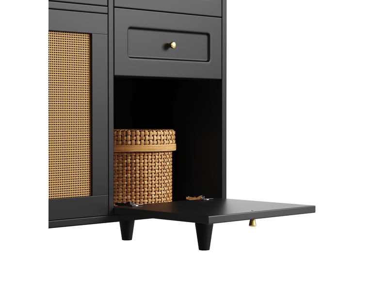 Buffet salle à manger noir rotin – 3 tiroirs, étagères réglables et led, finition chic - Conforama E