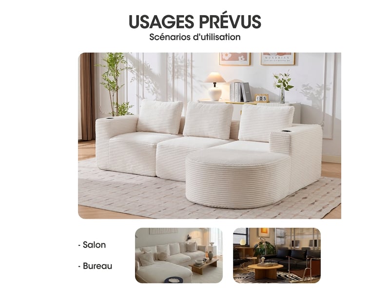  Canapé 2 places velours côtelé beige avec porte-gobelets 265 cm - compact et assise moelleuse  - Conforama W