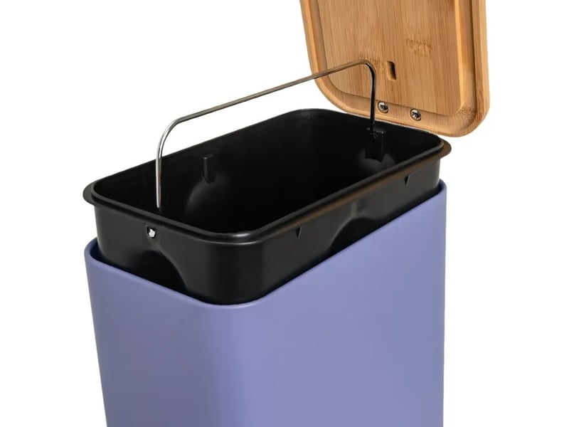 Poubelle à pédale en métal bleu et couvercle en bambou naturel avec seau intérieur amovible, capacité 5l - longueur 25 x profondeur 14 x hauteur 27 cm - Conforama C
