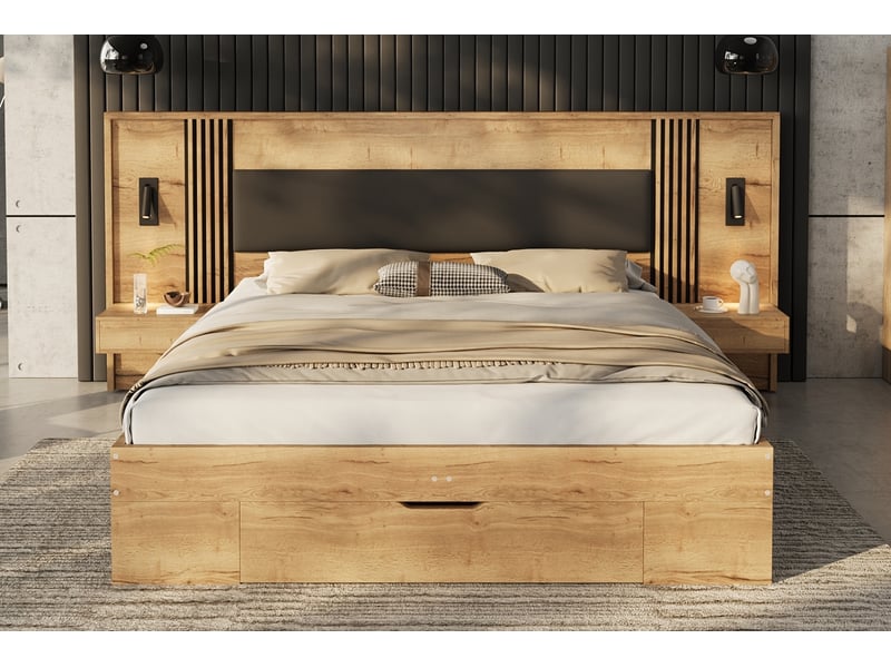 Lit adulte 160x200 cm avec rangement– mdf – tête de lit avec lampes de lecture, 2 chevets, tiroirs, sommier et matelas inclus – naturel - Conforama D