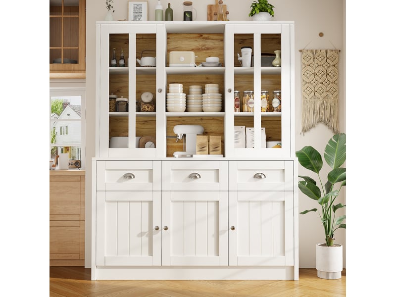  Buffet haut modenvie 140 x 38,5 x 175 cm en mdf et acrylique blanc avec 3 tiroirs et rangements  - Conforama E