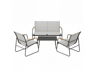 Salon de jardin avec canapé 2 places, 2 fauteuils et table basse en métal, verre trempé et polyester gris