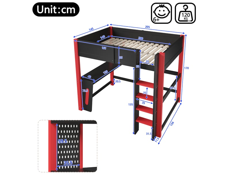  Lit mezzanine 140x200 cm, bureau panneau perforé, led réglable, garde-corps bois mdf noir naturel sans matelas  - Conforama C