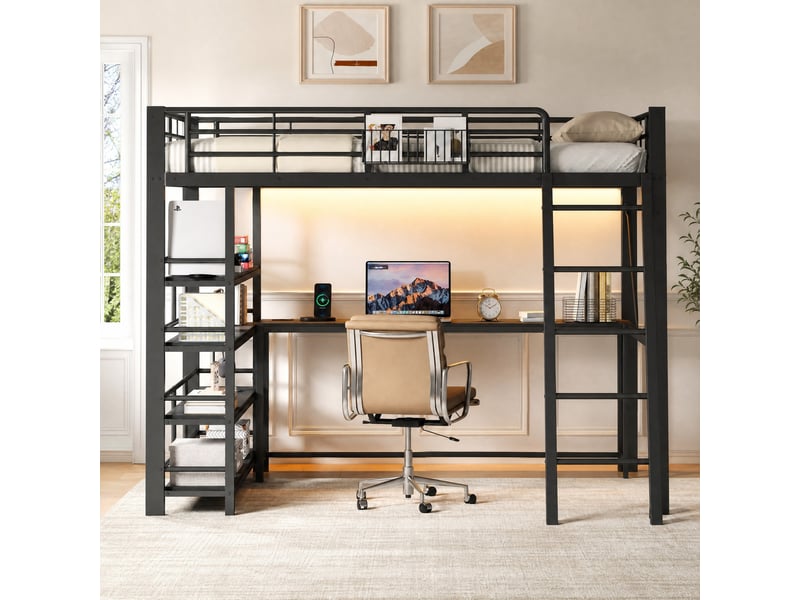  Lit mezzanine double 140×200 cm avec bureau, led et usb - okmyhome- étagères, sans matelas, métal noir  - Conforama C