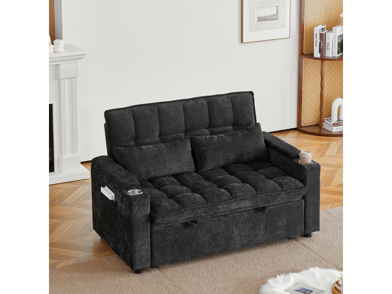  Canapé-lit 2 places 3 en 1 142x89x89 cm effet nuage avec rangements accoudoirs, porte-gobelets, 2 coussins lombaires, chenille noir  - Conforama C
