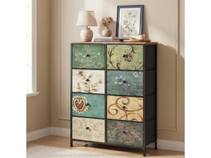 Commode de rangement, 100x67.5x30 cm, avec 8 tiroirs en tissu, cadre en métal et plateau en bois, style rétro, multicolore