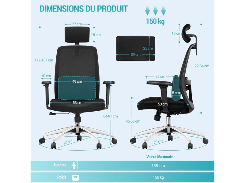  Chaise de bureau ergonomique, avec support lombaire et accoudoir réglable, appui-tête 3d réglable  - Conforama C
