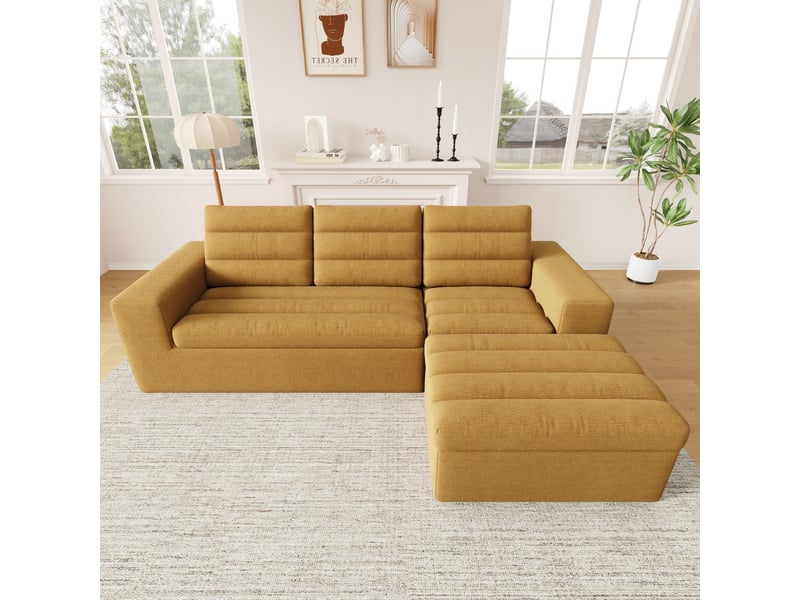  Canapé d'angle modulable 4 places en chenille orange, 253x161x89 cm, design sans cadre pour salon  - Conforama R