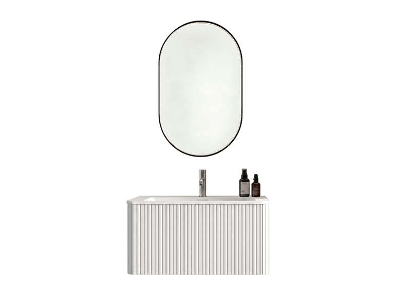  Meuble sous vasque mural suspendu avec un tiroir et miroir led antibuée réglable en blanc 81 × 46,5 × 37 cm  - Conforama A
