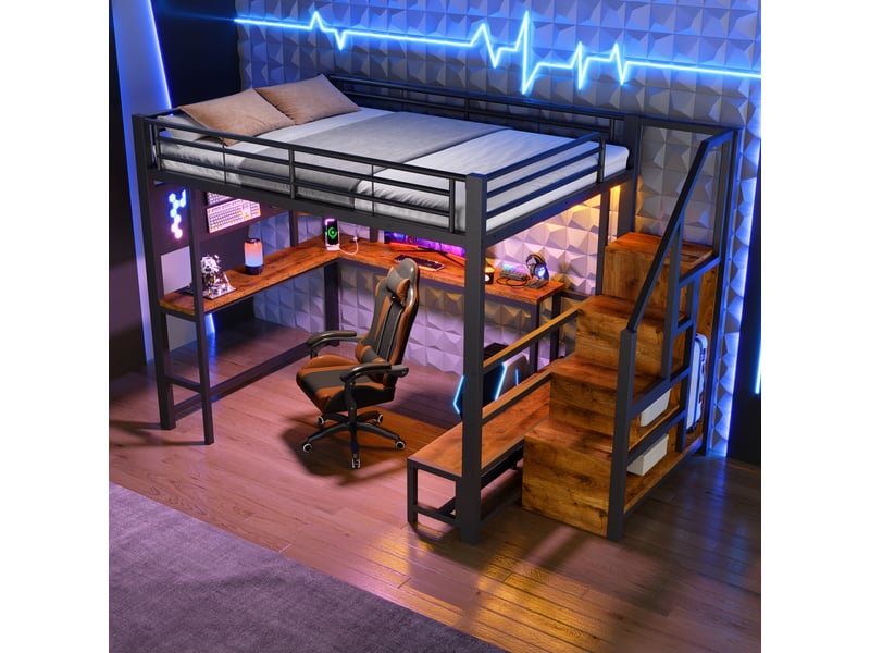  Lit mezzanine, 140 × 200 cm, noir, bureau, led, usb + type-c, armoire-échelle, panneau perforé, étagères, sans matelas  - Conforama E