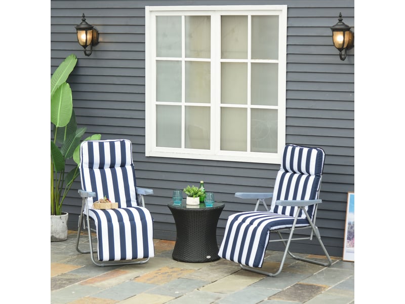  2 chaises longues pliantes de jardin avec accoudoirs, pliables, 5 positions, coussin, bleues, 60 x 75 x 102 cm  - Conforama B