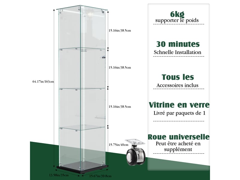  Vitrine d'exposition - 39.8x35x163cm - en verre 4 niveaux, vitrine porte simple avec ruban led, serrure - noir  - Conforama E