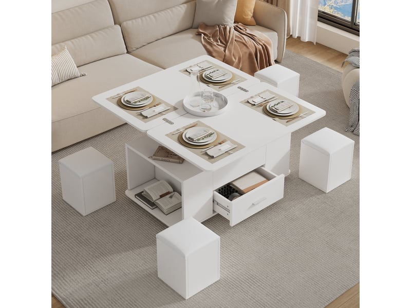  Table basse relevable et extensible blanche avec 4 poufs 100x50cm  - Conforama D