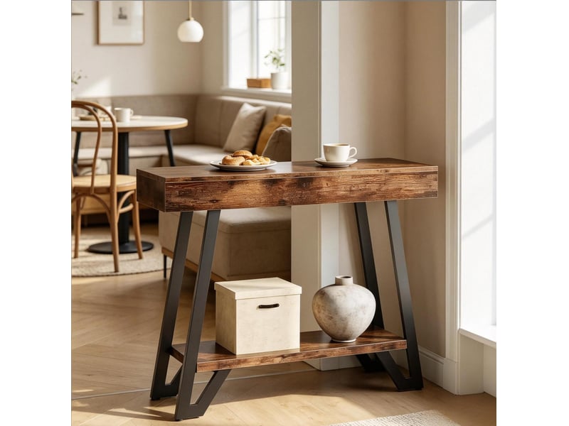Table d'appoint l103 x p30 x h80 cm en mdf et métal à 2 niveaux noir et marron rustique chicfurn - Conforama B