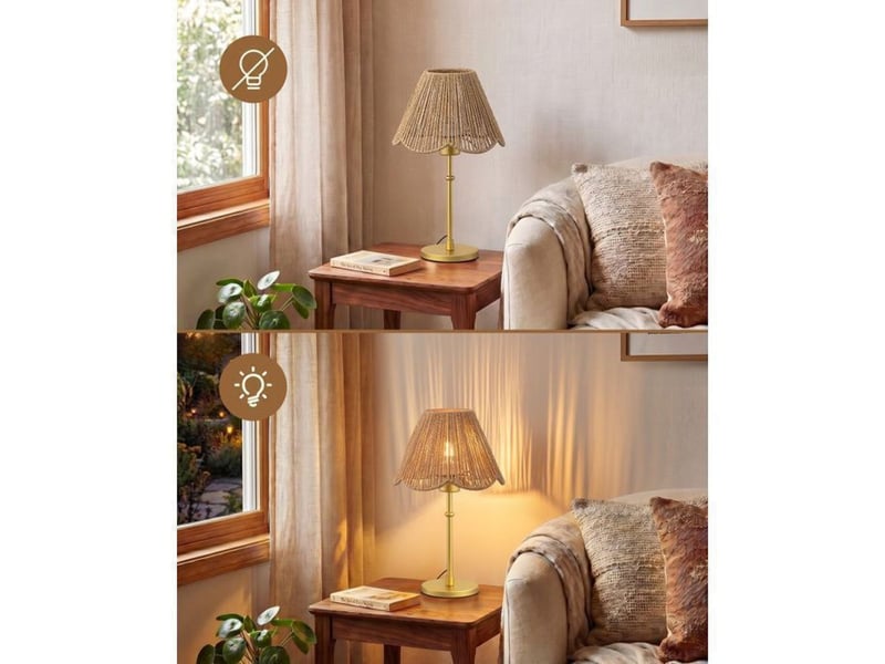Lampe de chevet style bohème eab101 abat-jour papier tressé doré base métallique 4w 2700k 370618_AACLD94861_6_DROPFR - Conforama D