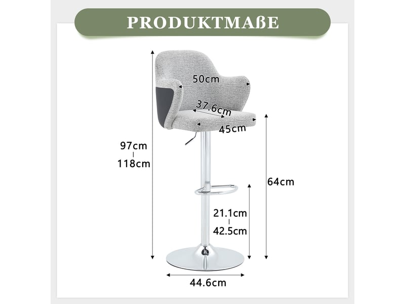 Lot de 2 tabourets de bar réglables,50x37,6x97-118 cm,tissu,gris clair  - Conforama C