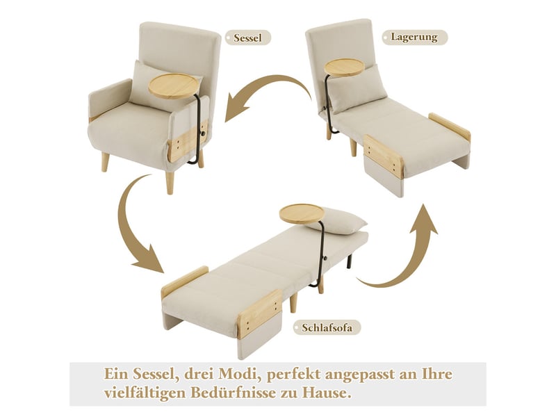 Fauteuil convertible 3 en 1 avec plateau en bois,chaise lounge pliant rembourré,fauteuil lounge,canapé-lit simple avec fonction sommeil - Conforama A