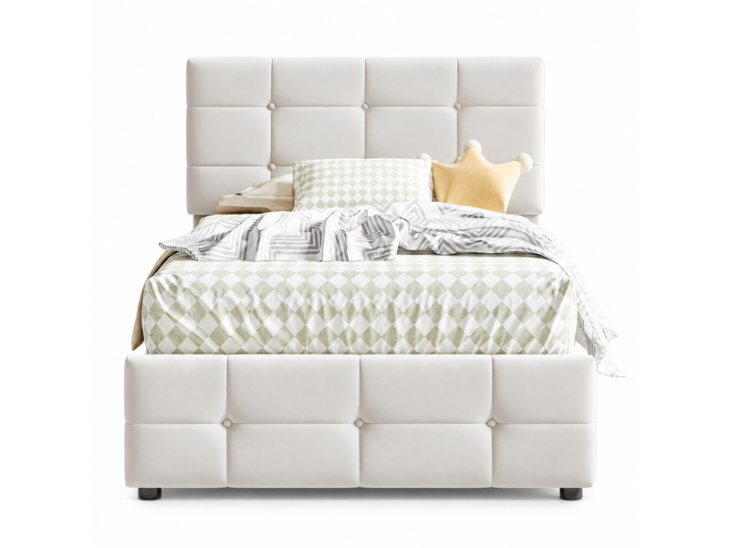  Lit coffre enfant rembourré 1 place 90x200 cm avec rangement hydraulique, tête de lit réglable en hauteur, sommier à lattes, velours beige  - Conforama A