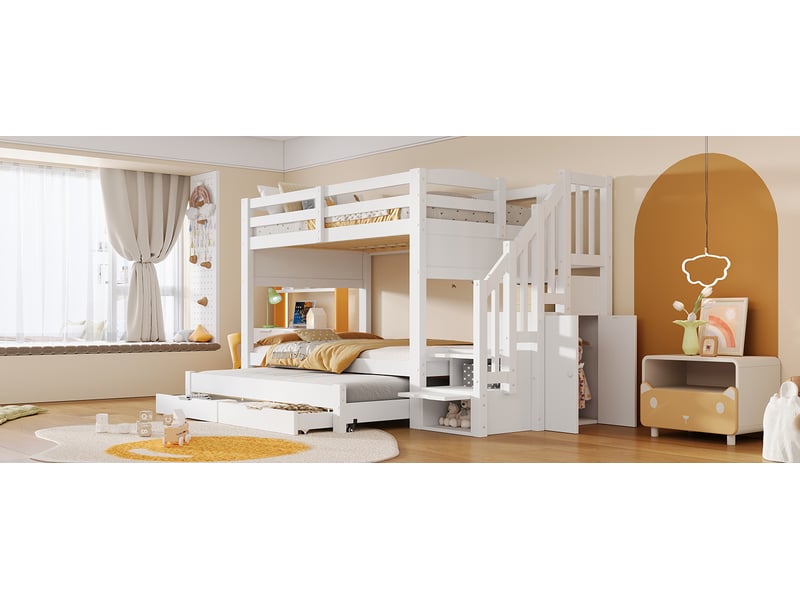  Lit superposé enfant 3 places 90×200 cm et 90×190 cm, 2 tiroirs et escalier de rangement - okmyhome- blanc, sans matelas  - Conforama E