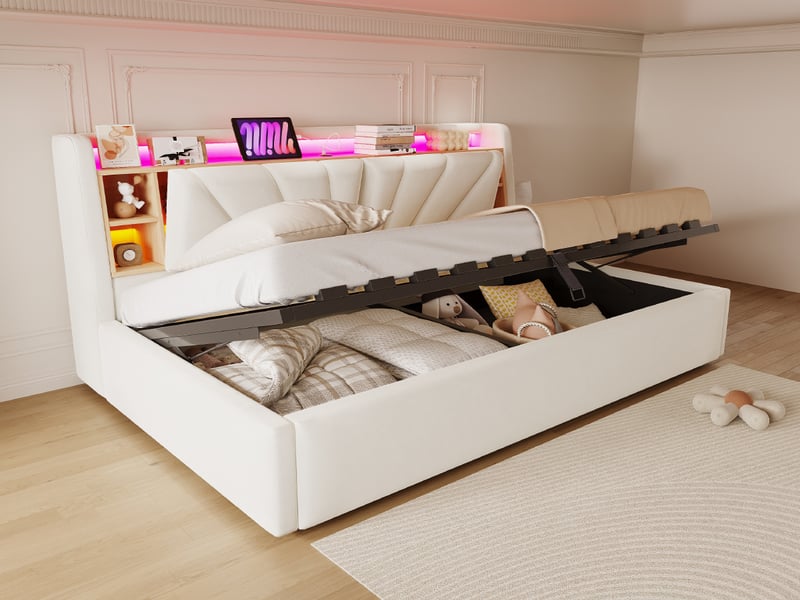  Lit banquette 90 × 200 cm, coffre hydraulique, led, usb, dossier avec étagères et rangements, velours beige doux  - Conforama B