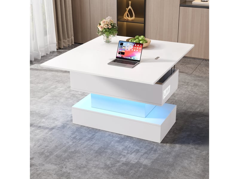  Table basse relevable blanche avec prises et usb, extensible 100x100 cm, led intégrée  - Conforama W