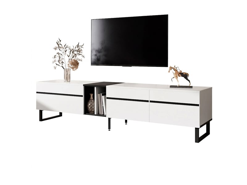  Meuble tv blanc 180 cm avec rangements et portes abattantes, design minimaliste  - Conforama A