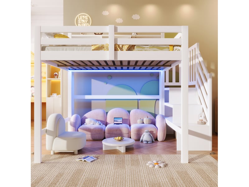  Lit mezzanine modenvie 140 x 200 cm avec led escalier de rangement étagères ouvertes bois mdf contreplaqué blanc sans matelas  - Conforama B