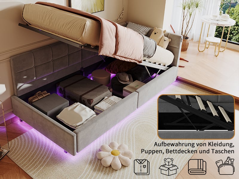 Lit banquette 90x200 cm avec led rgb et usb chargeur, lit jeune avec rangement et tête de lit rembourrée lit simple pour ado avec cadre de lit à lattes gris velours, sans matelas - Conforama R