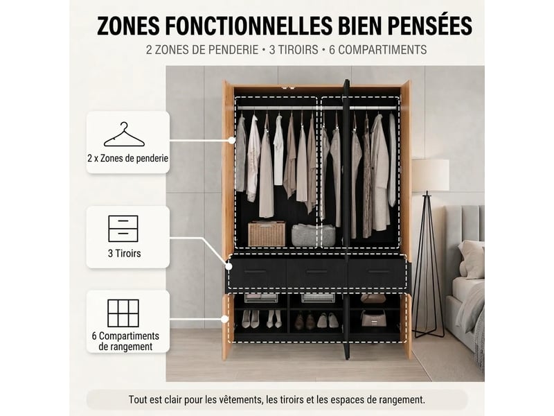Armoire blanche 135x45x200 cm avec 2 tringles et 2 tiroirs, rangement modulable pour chambre - Conforama R
