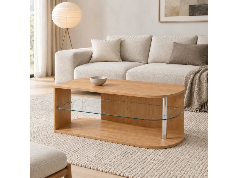  Table basse 100x60x42 cm avec étagère en verre et rangement en mdf coloris naturel  - Conforama C