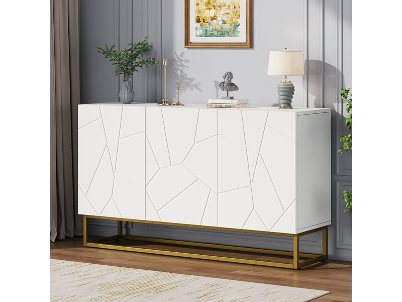  Buffet de cuisine blanc laqué brillant 130x38x76 cm, meuble rangement moderne avec 3 portes et étagères ajustables  - Conforama B