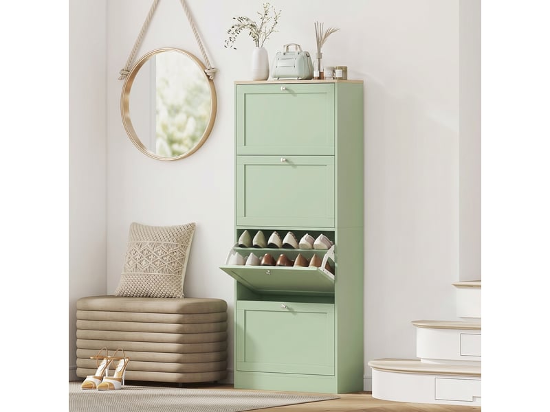  Meuble à chaussures 24 paires, armoire à chaussures avec 4 tiroirs rabattables, étagères réglables, 60x23,5x153cm, vert  - Conforama C