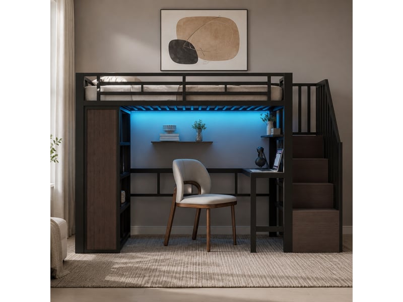Lit mezzanine, lit simple avec bureau, étagères, escalier de rangement et led, 90 x 200 cm, sans matelas, noir - Conforama B