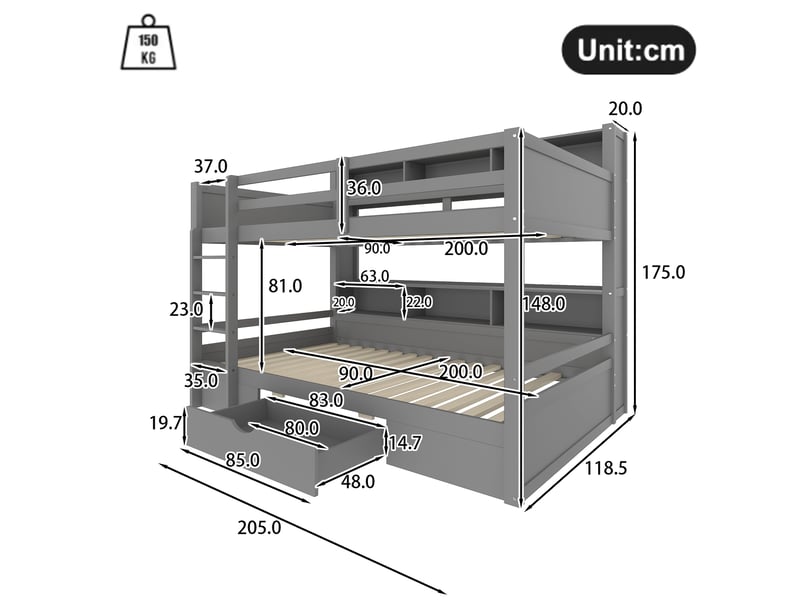  Modenvie lit superposé enfant 90x200 cm - avec tiroir et étagères latérales, sans matelas - gris  - Conforama C