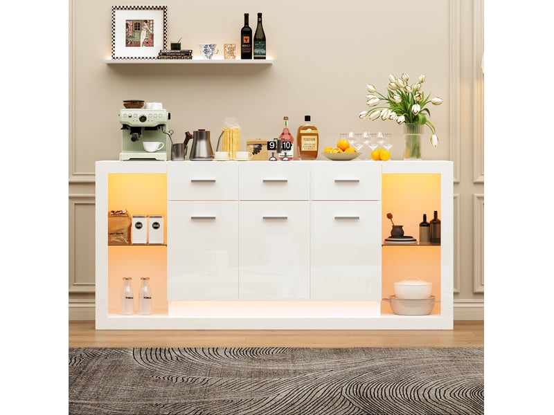 Buffet 160x40x75 cm avec led, 3 tiroirs et 3 portes en panneaux de particules blanc - Conforama C