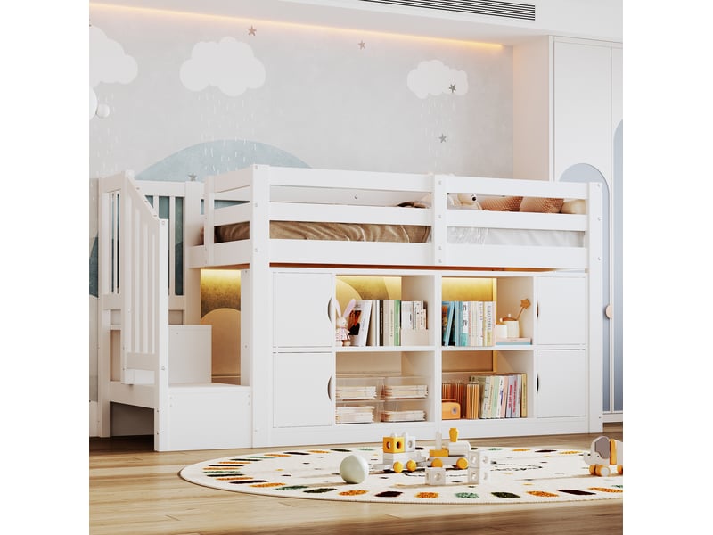  Lit mezzanine enfant 90x200 cm blanc avec rangements, bibliothèque, escalier et led, sommier inclus, sans matelas  - Conforama B