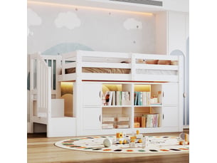 Lit mezzanine enfant 90x200 cm blanc avec rangements, bibliothèque, escalier et led, sommier inclus, sans matelas