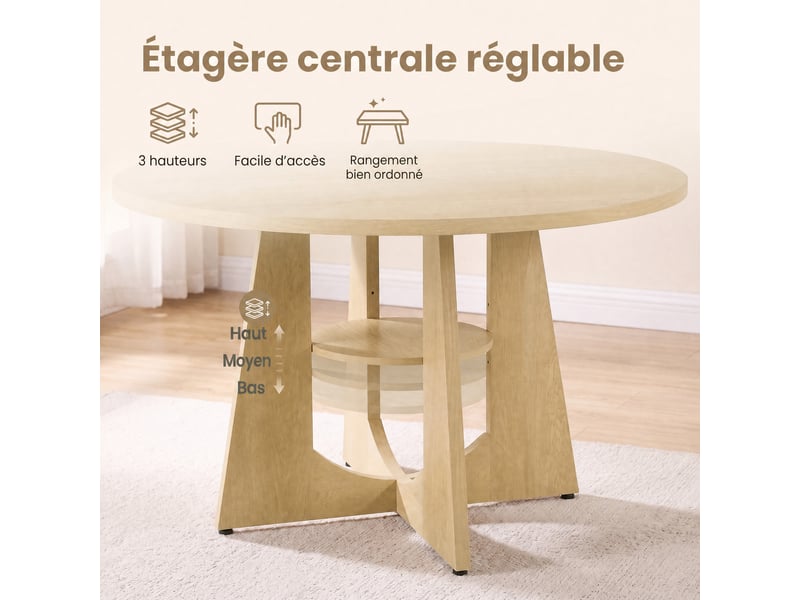  Table à manger ronde avec pied central et étagère, 120 x 120 x 75 cm, beige chêne  - Conforama E