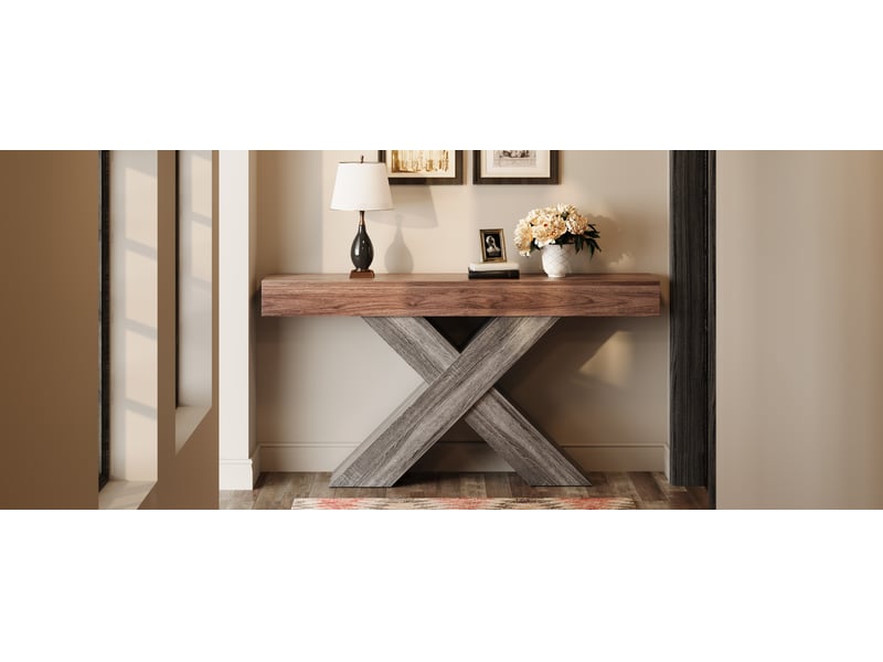  Table console noyer 140 x 30 x 80 cm avec structure croisée en x, plateau épais  - Conforama D