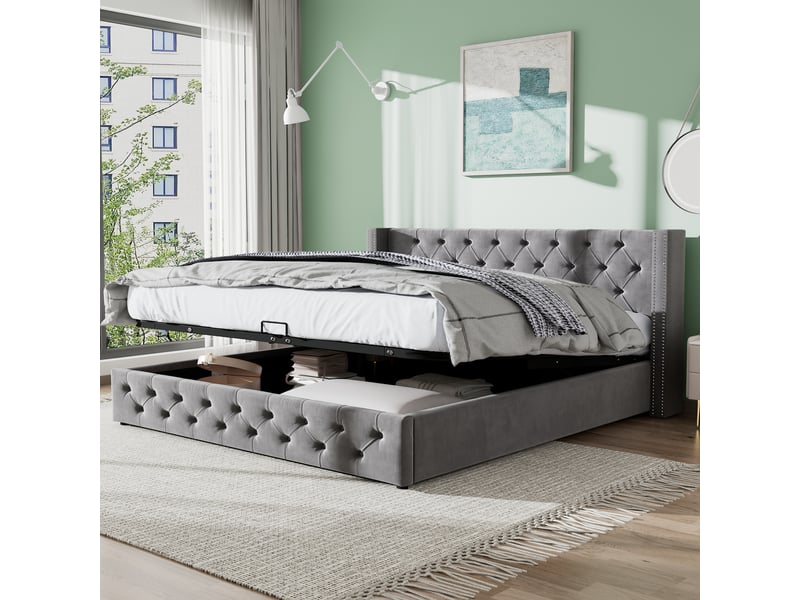 Lit coffre hydraulique 140x200 cm en velours, tête de lit capitonnée à oreilles, rangement sous lit, sommier à lattes – gris (sans matelas) - Conforama B