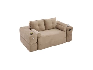 Sofa convertible 2 places hautdroit en velours côtelé beige, moelleux et confortable, pour canapé et lit