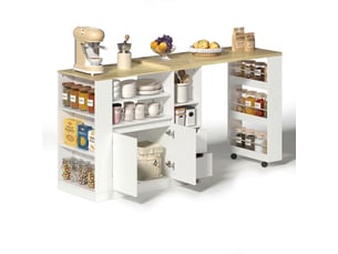 Îlot de cuisine moderne et multifonctionnel avec plateau extensible, 115 cm, rangements ouverts sur 3 côtés, 2 tiroirs, coin café et table à manger extensible en bois blanc