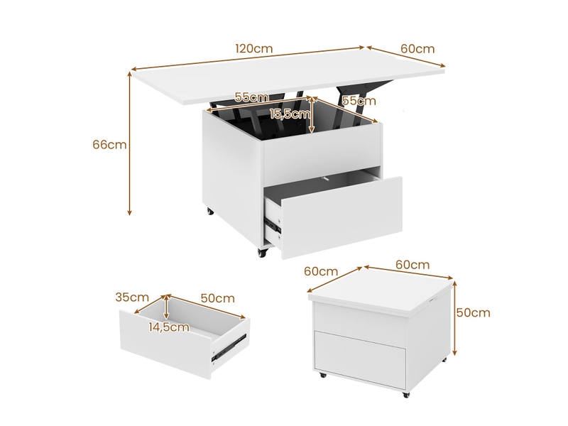 3 en 1 table basse relevable avec roulettes, table basse extensible à manger salon hauteur réglable avec tiroir rangement,60-120x60x50-66cm (blanc) - Conforama B
