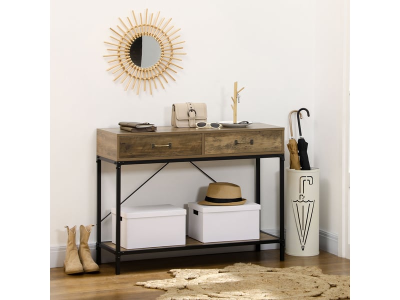 Table console table d'appoint d'entrée industriel avec 2 tiroirs et 1 plateau aspect bois dim. 100l x 35l x 76h cm  - Conforama R
