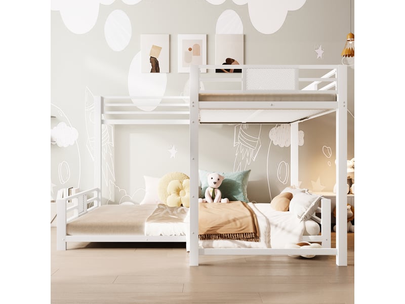  Lit superposé lit enfant en métal en l 90x200 cm au-dessus de 140x200, lit 2 personnes, blanc  - Conforama C